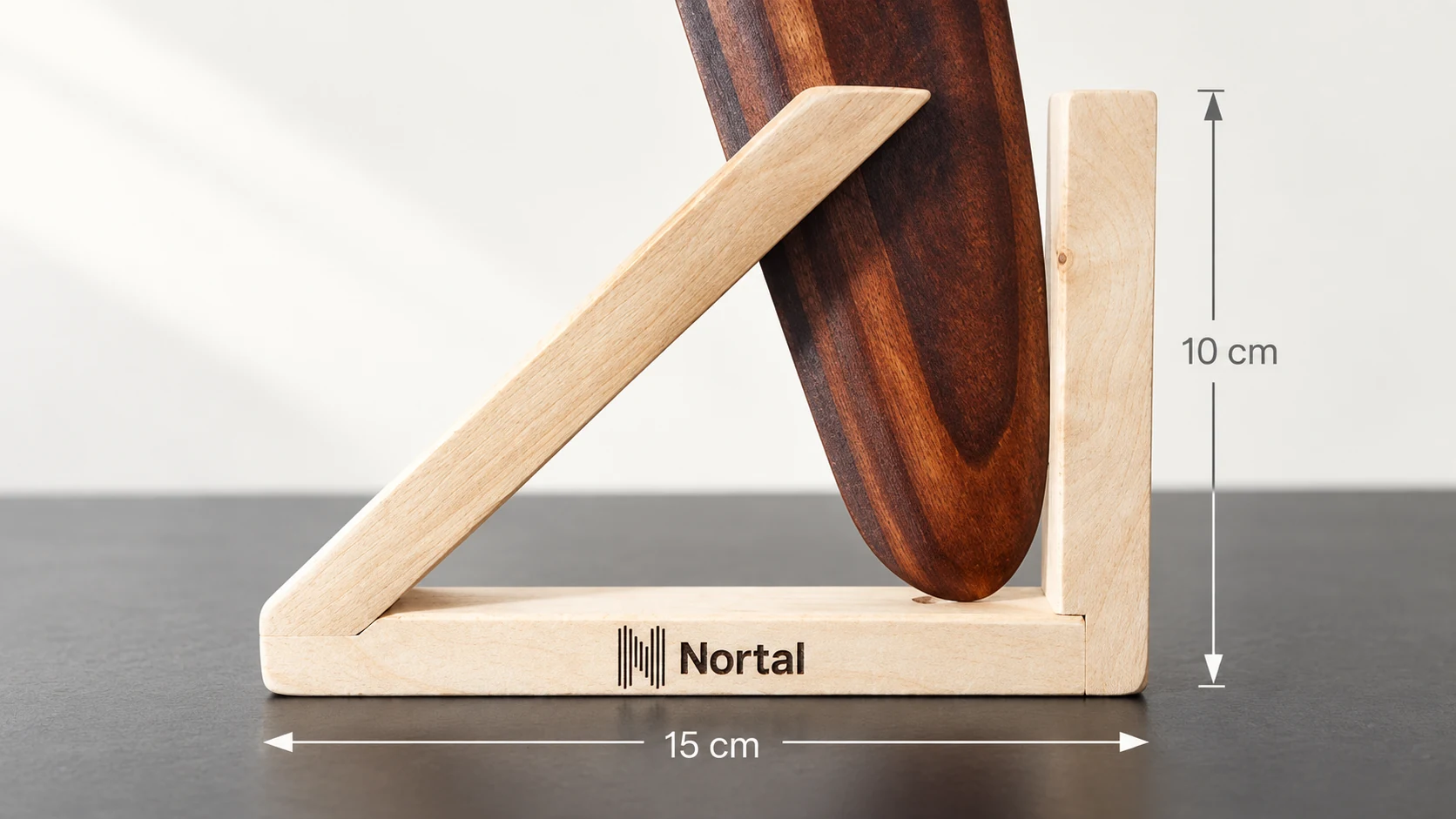 Company logo on a wooden stand — illustration Illustration of a Nortal logo on a wooden stand, with 15 cm and 10 cm dimension labels.