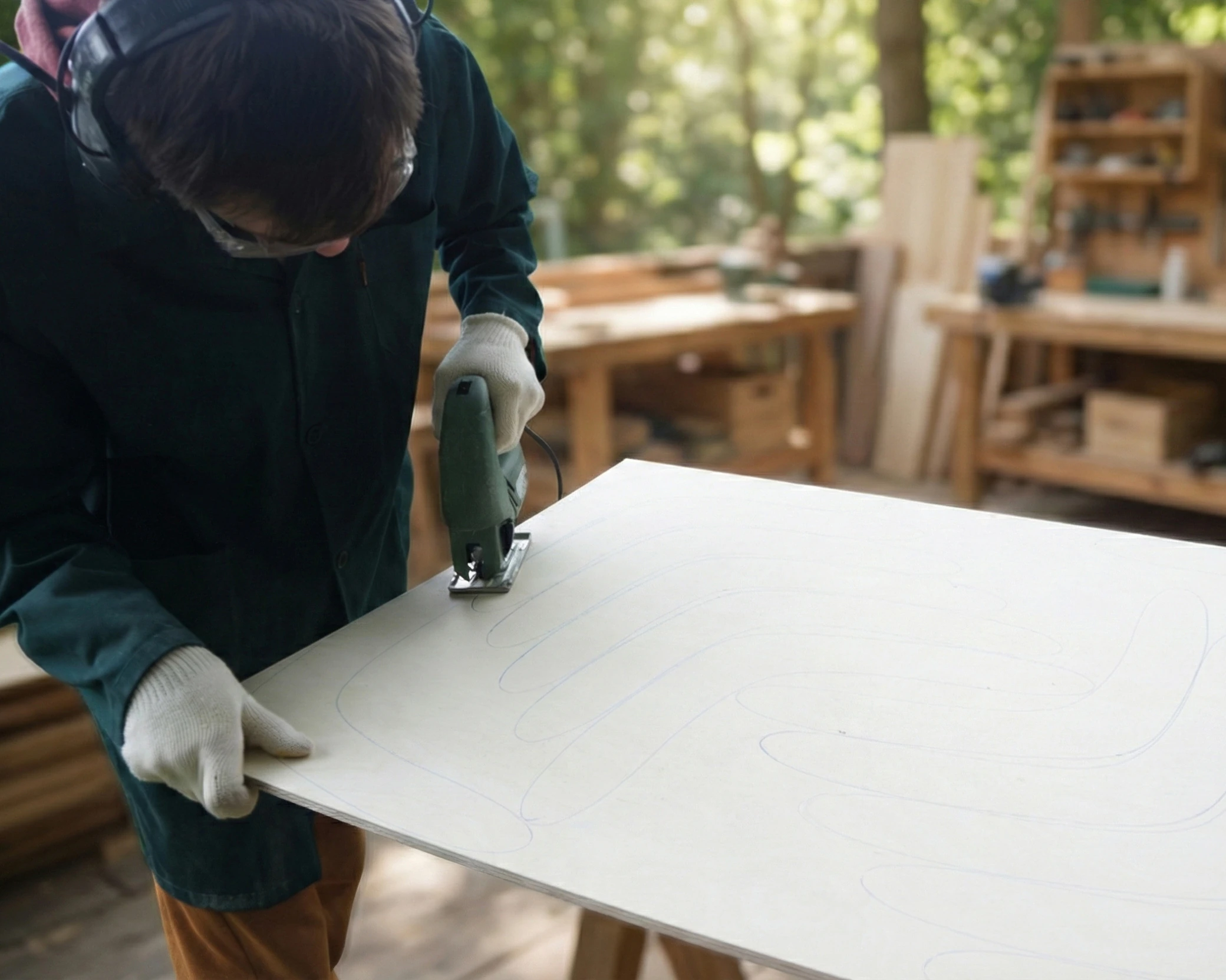 Illustration of cutting a two-arm boomerang outline from plywood with a jigsaw