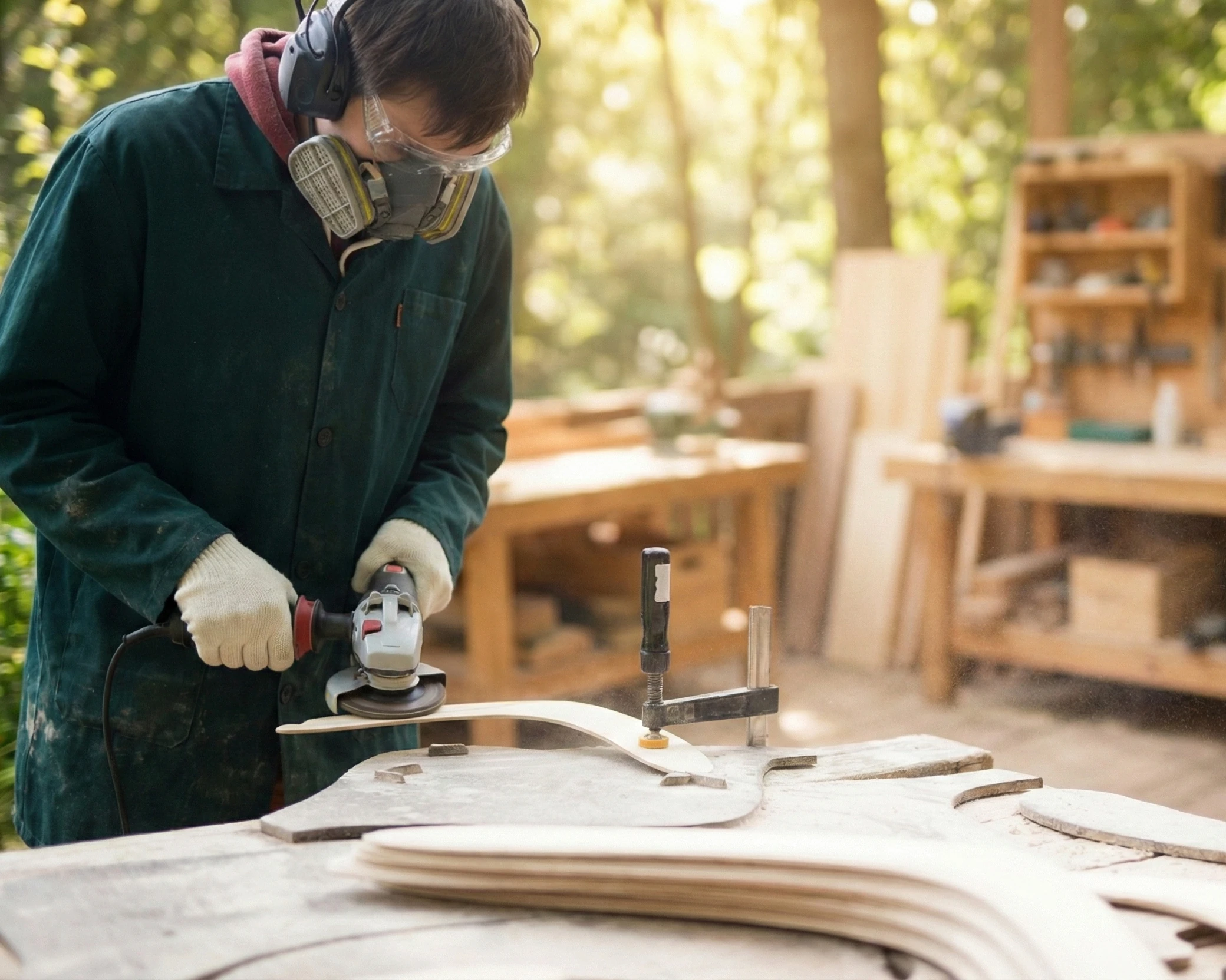 Illustration of shaping a wooden boomerang with a powered sanding tool