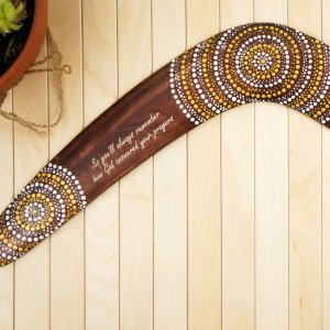 Boomerang Rising Sun laser engraving wood curved text