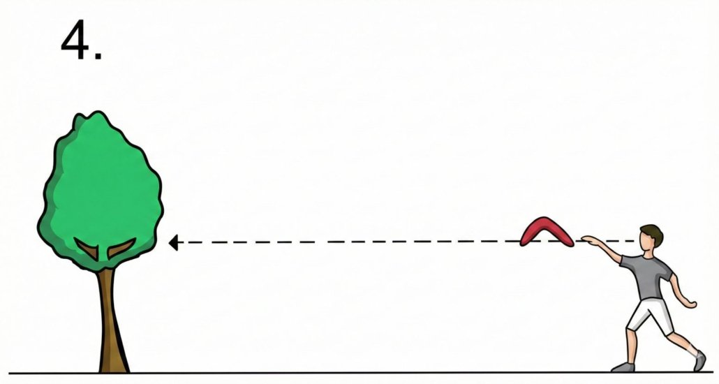 A left-handed thrower aiming a returning boomerang straight ahead at eye level toward a distant reference point like a tree.