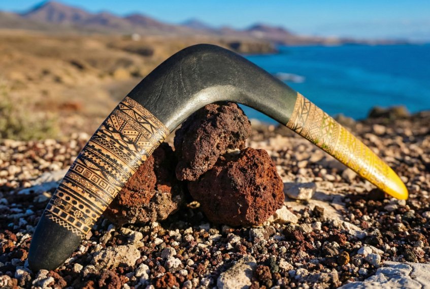 Authentic wooden boomerang resting on rocks showing natural wood grain and laser engraving.