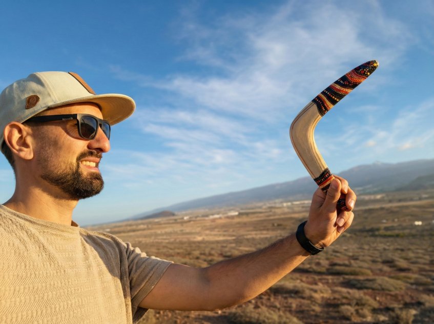 Smiling man wearing sunglasses holding the Golden Swallow wooden boomerang with a mountain sunset background.