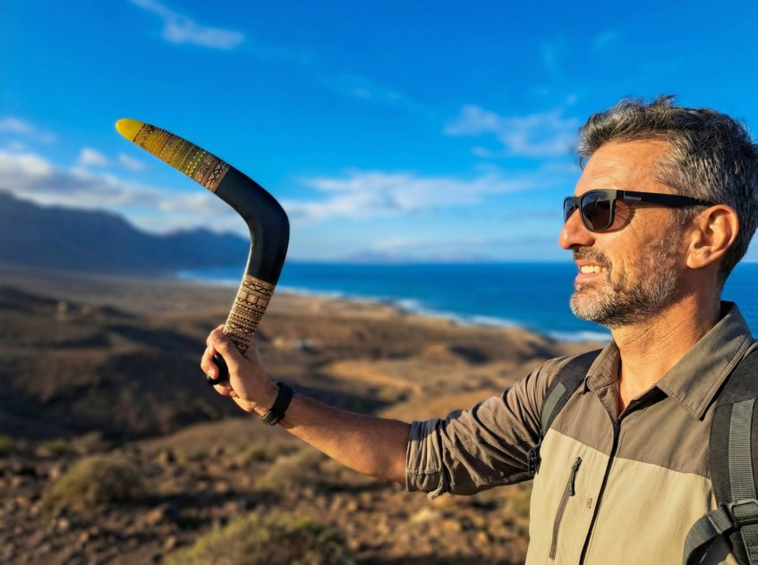 Man holding a wooden boomerang for adults in an outdoor mountain setting.