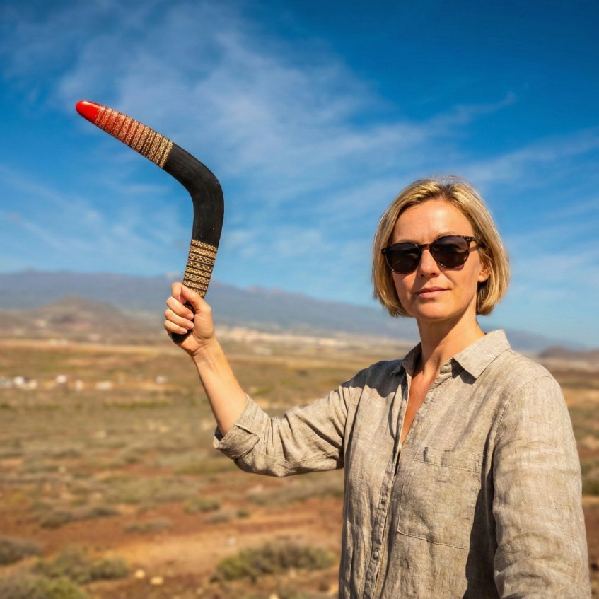 Boomerang for Adults - Outdoor Hobby Woman in sunglasses holding the Tribal Ember wooden boomerang in a sunny, volcanic outdoor landscape.