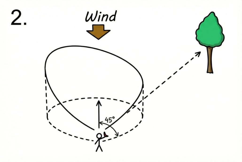 Diagram illustrating proper boomerang throwing wind direction, showing a right-handed thrower turning their body 45 degrees to the right of the oncoming wind.