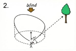 Diagram illustrating proper boomerang throwing wind direction, showing a right-handed thrower turning their body 45 degrees to the right of the oncoming wind.