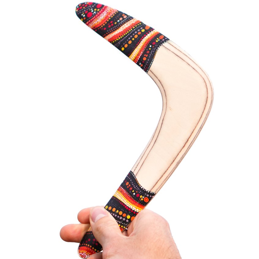 Hand holding the Golden Swallow wooden boomerang against a plain white background.