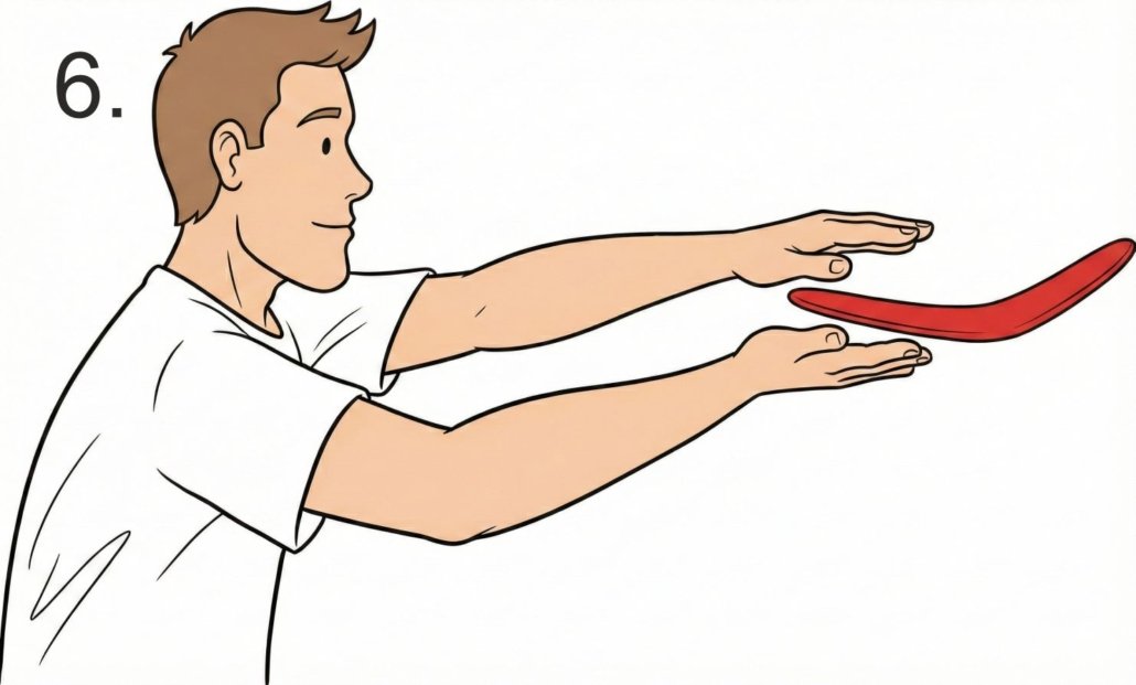 A person demonstrating how to safely catch a returning wooden boomerang by clapping it flat between two hands, known as the sandwich catch.