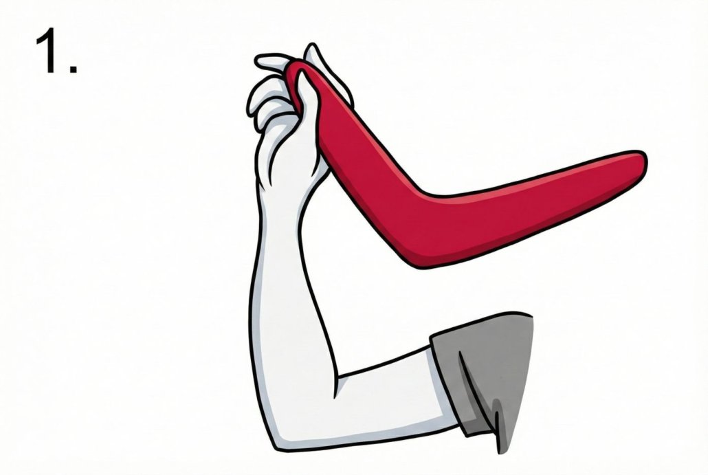 A hand demonstrating the proper grip for how to throw a boomerang, pinching the wingtip firmly between the thumb and index finger.