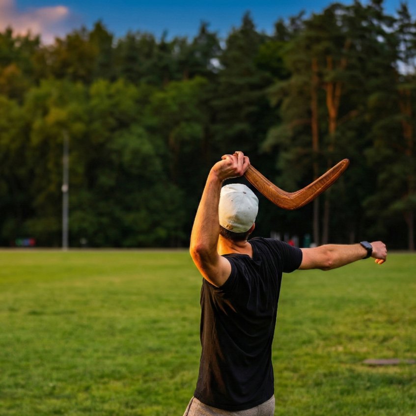 Man winding up to throw a long-range wooden boomerang in a park.
