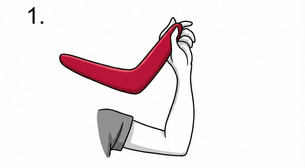 A left hand demonstrating the proper grip for throwing a boomerang, pinching the wingtip with the thumb and index finger, ensuring the flat side faces the thrower.
