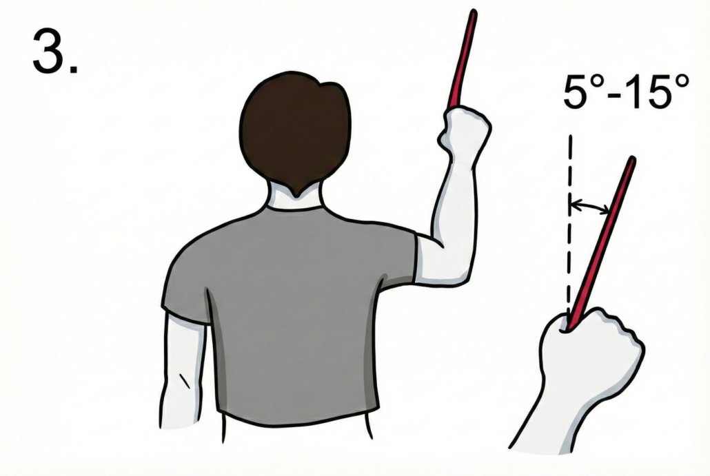 A right-handed person holding a wooden boomerang with their arm straight out, tilted slightly to the right at a 5 to 15 degree angle.