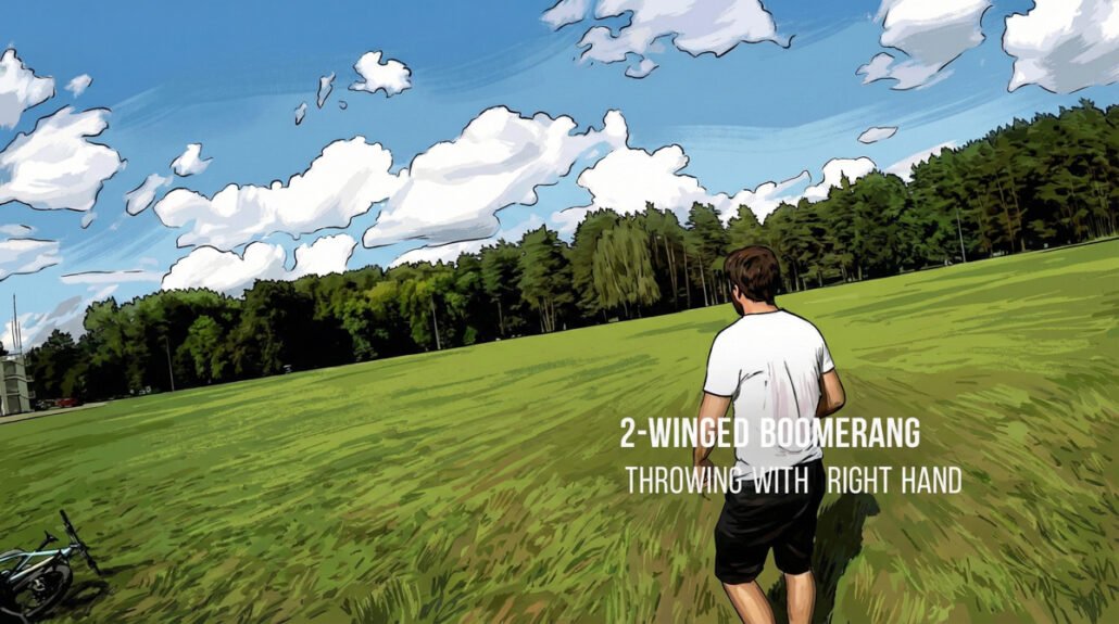 Video: a man in a large grassy field preparing to throw a 2-wing wooden boomerang
