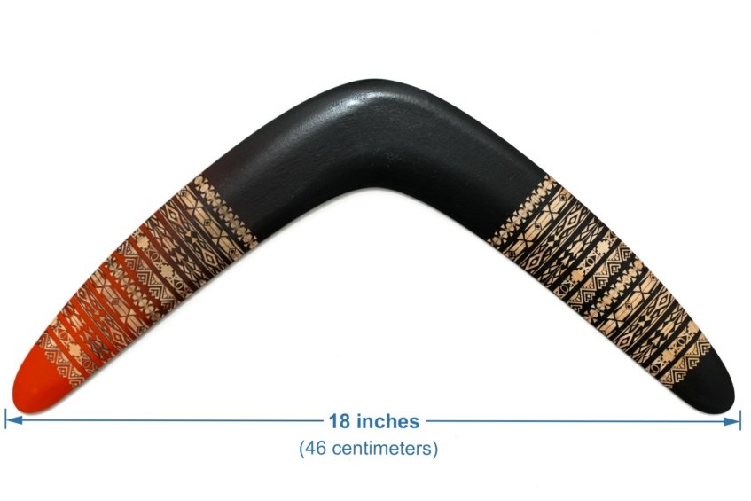Large 18 Inch Boomerang Specs Dimensions diagram of the Tribal Ember boomerang showing a total wingspan of 18 inches or 46 centimeters.
