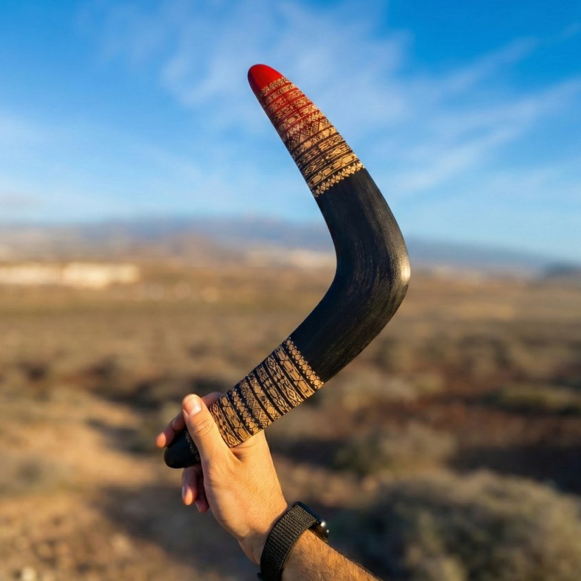 Launching the Tribal Ember Boomerang A hand launching the Tribal Ember wooden boomerang into the air in a volcanic landscape with yellow pine trees.