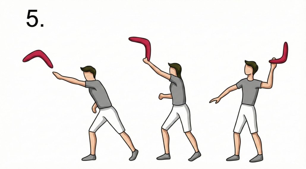 A three-part sequence showing a left-handed person throwing a boomerang: bringing it behind their head, snapping it forward, and finishing with a sharp wrist flick.