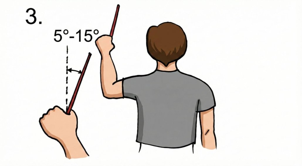 A left-handed person holding a wooden boomerang straight out, tilted slightly to the right at a 5 to 15-degree angle, similar to a 1:00 PM position on a clock face.