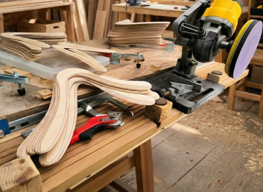 Crafting Authentic Wooden Boomerangs Workshop view showing stacks of raw birch plywood cutouts and sanding tools used to handcraft real wooden boomerangs.