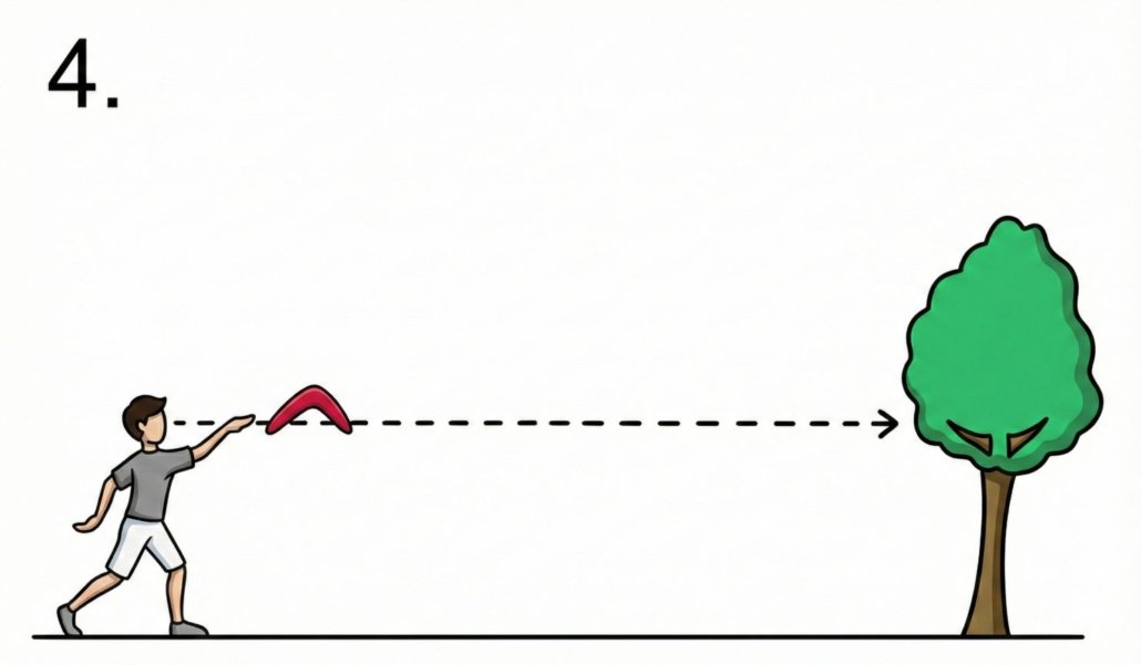 A person aiming a returning boomerang straight ahead at eye level towards a reference point like a distant tree.
