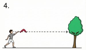 A person aiming a returning boomerang straight ahead at eye level towards a reference point like a distant tree.