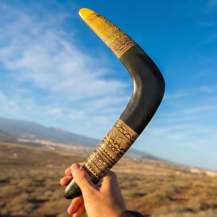 Hand holding a real wood boomarang against a blue sky, ready to throw.