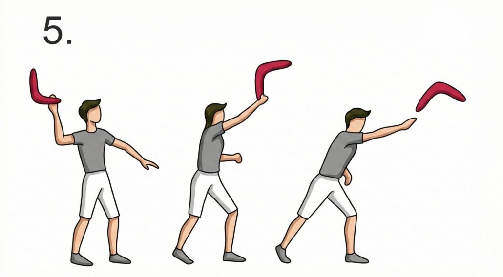 Three-part sequence showing a person throwing a wooden boomerang by bringing it behind their head, snapping it forward, and giving a sharp wrist flick to create spin.