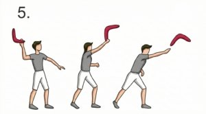 Three-part sequence showing a person throwing a wooden boomerang by bringing it behind their head, snapping it forward, and giving a sharp wrist flick to create spin.