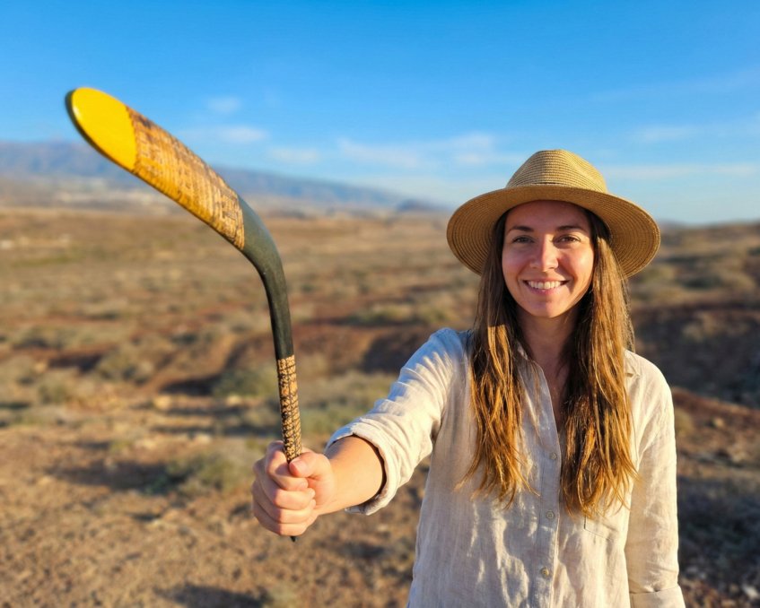 Smiling woman holding a traditional wooden boomerang in a sunny outdoor landscape.