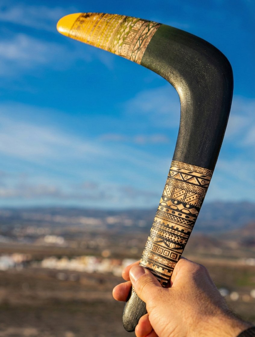Close up of hand gripping the laser-engraved handle of a wooden boomerang.