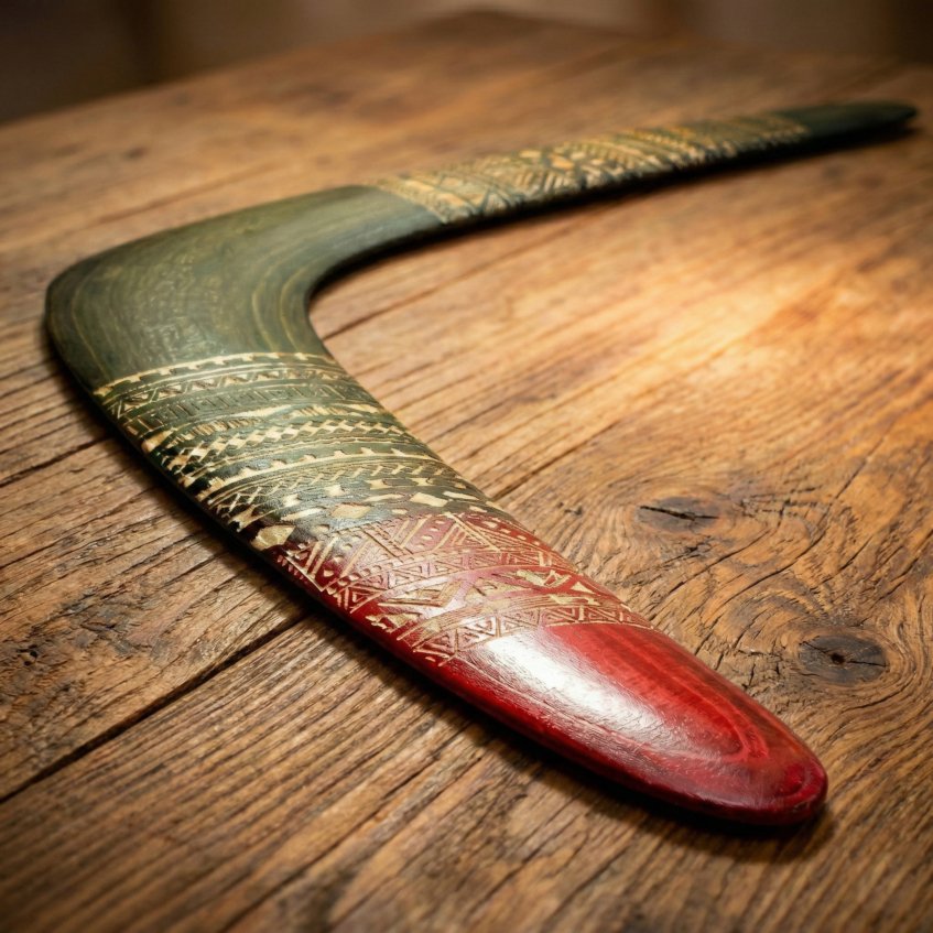 Premium Wooden Boomerang Airfoil Angled view of the Tribal Ember wooden boomerang resting on a rustic wooden table, showing its airfoil shape.