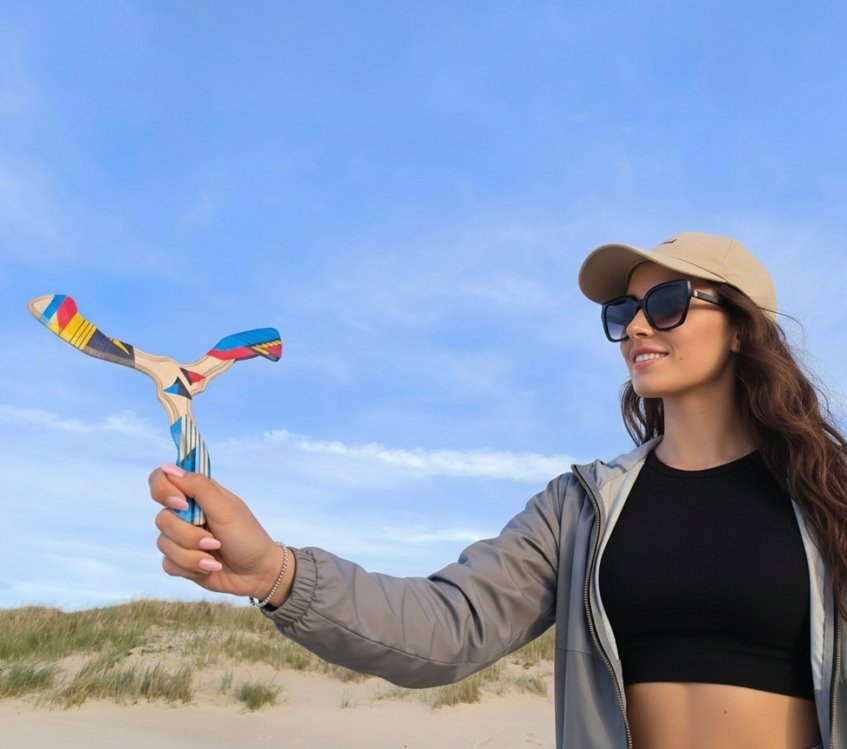 woman-holding-hurricane-boomerang-outdoor-lifestyle Woman holding the Hurricane wooden boomerang against a clear blue sky.