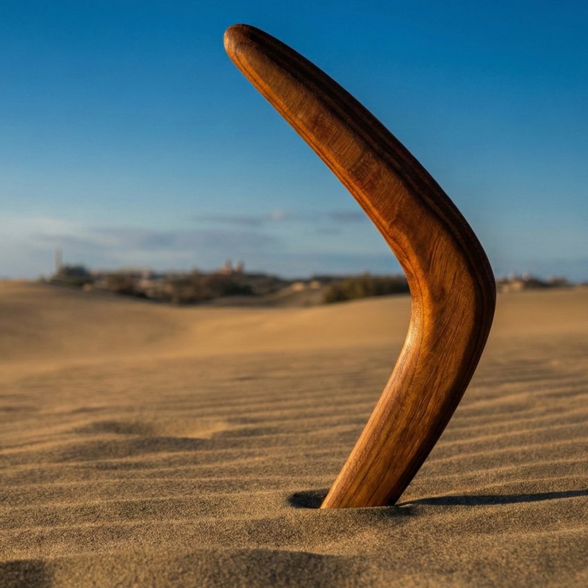 Close up of Dark Brown Cedar boomerang wing profile embedded in sand, showing the airfoil shape.