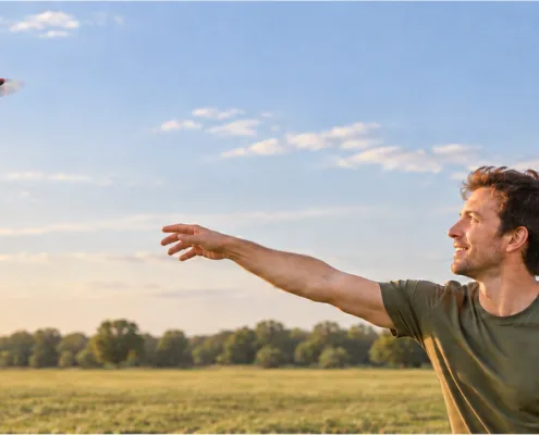 Banner illustration of a man releasing a wooden boomerang over an open grass field